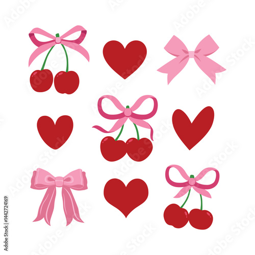 Cherries with gift bow coquette. Ribbons and hearts. Vector Illustration of pink girly vintage bows and cherry. Cherries with ribbon. Cute trendy line art set. Trendy girls accessories. Cute hairstyle