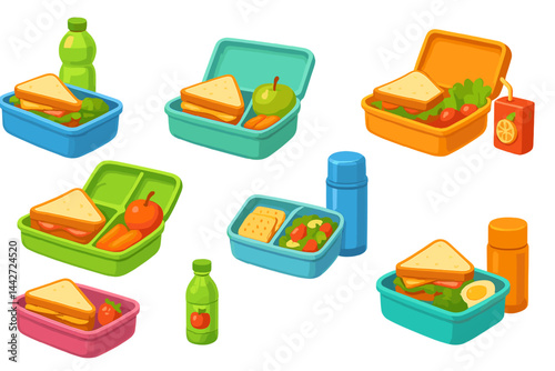 Colorful vector flat illustration of lunchboxes with healthy meals for kids in school settings