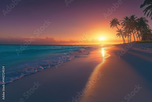 A stunning sunrise scene over the iconic South Beach coastline, with soft golden sunlight casting long shadows on the smooth, wet sand.