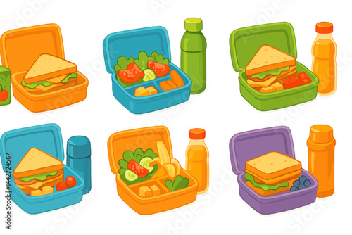 Healthy lunch boxes filled with sandwiches and fresh fruits for kids in a vibrant, colorful design