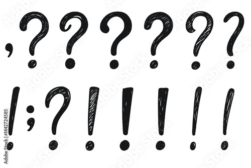 Vector illustration of various punctuation marks including question marks and exclamation points in a creative layout