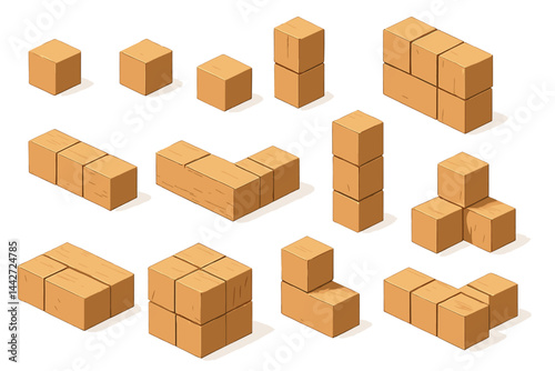 Various wooden blocks arranged in different shapes and sizes on white background for creative design and educational purposes