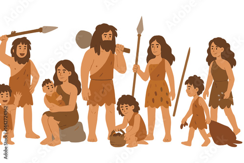 Prehistoric humans engaging in daily life activities near a cave setting during the Stone Age period