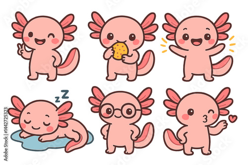 Cute axolotl character illustrations in various playful activities and expressions