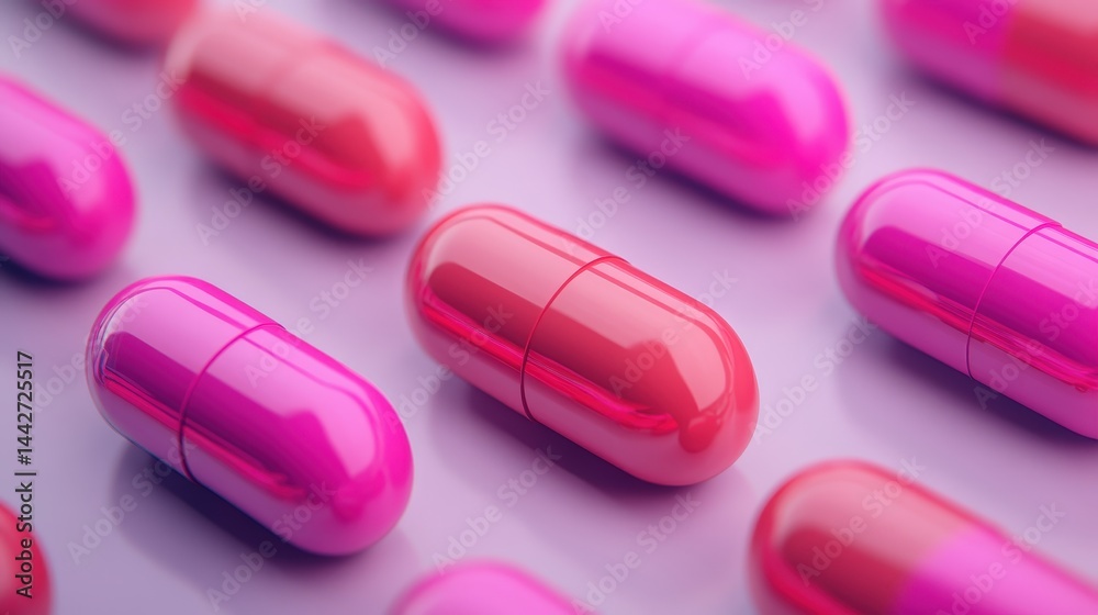 Bright pink capsules are arranged in neat rows on a reflective surface, suggesting medication or supplements.