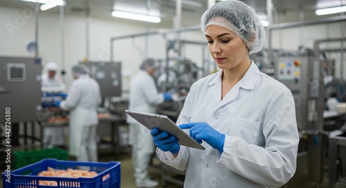 Female Food Processing Factory Worker Using Tablet Computer for Quality Control and Inventory Management