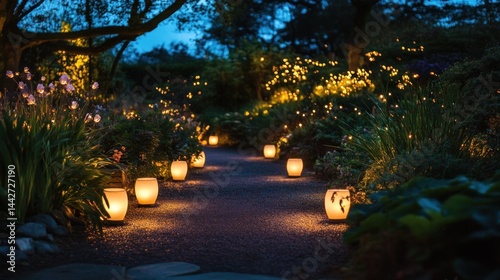 Wallpaper Mural Garden path at dusk, lit by lanterns Torontodigital.ca