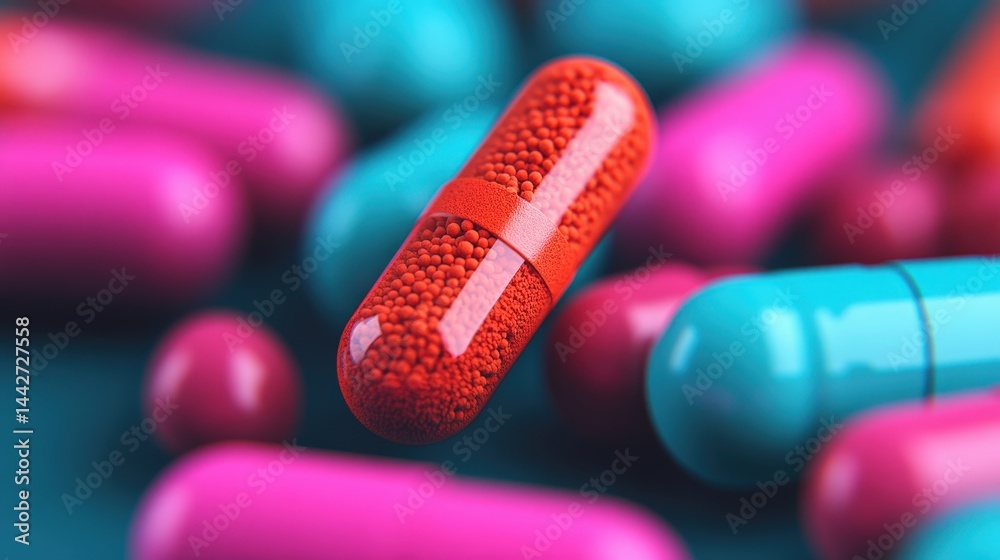 Colorful capsules and pills, including a close-up of a red and orange capsule, symbolize modern medicine and pharmaceuticals.