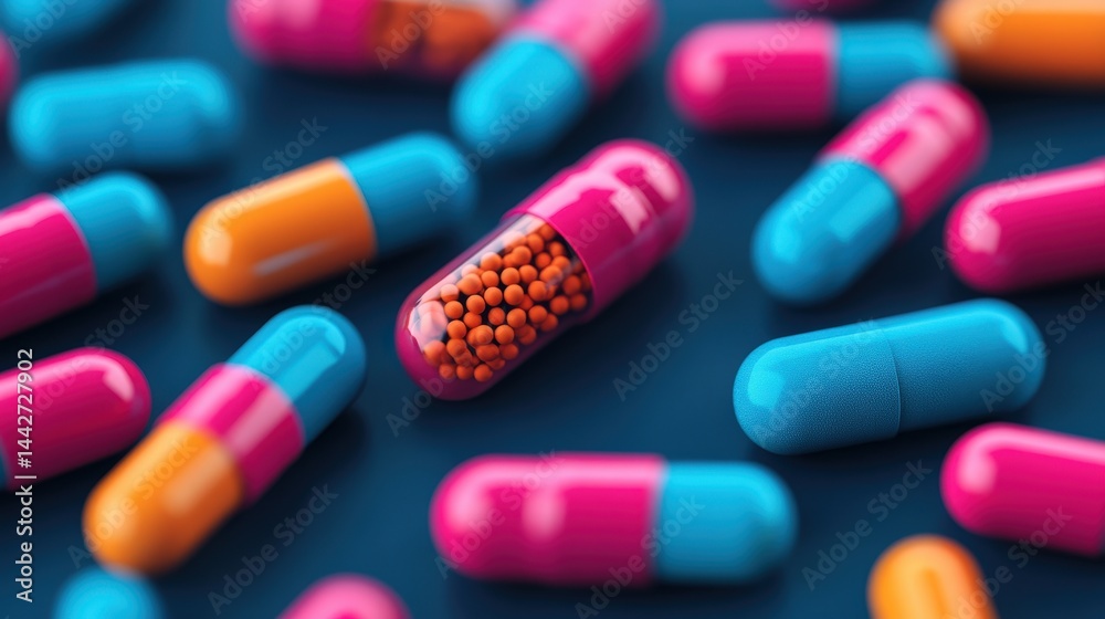 Colorful capsules and pills scattered on a dark surface, highlighting pharmaceutical medicine and healthcare concepts.