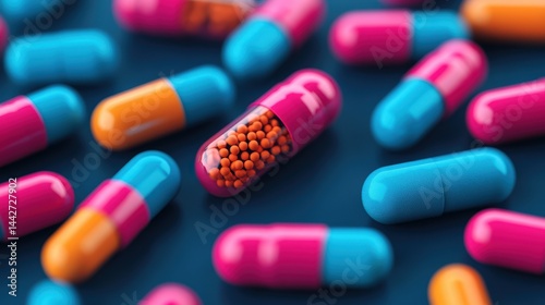 Obraz na płótnie Colorful capsules and pills scattered on a dark surface, highlighting pharmaceutical medicine and healthcare concepts. w salonie
