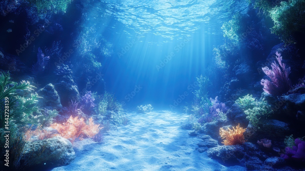 Fototapeta premium Vibrant coral reef and sunlit sea floor in tranquil ocean waters
