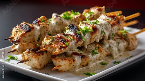 Tender chicken malai tikka skewers, marinated in a creamy, pale marinade flecked with green chilies, offering a juicy and flavorful Indian grilling experience.  