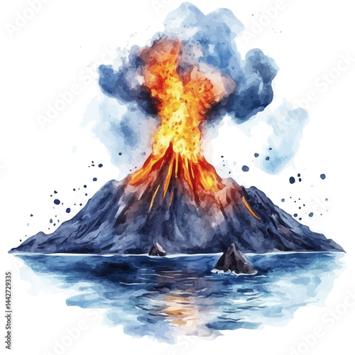 an underwater volcano erupting, watercolor drawing, isolated on a white background. an underwater volcano erupting vector.