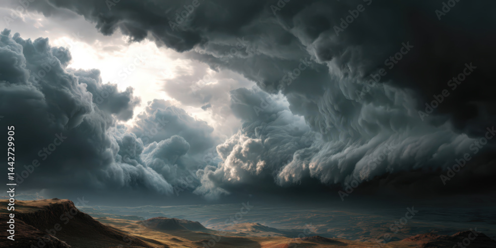 Fototapeta premium Dramatic storm cloud formation with lightning against a vibrant sunset backdrop.