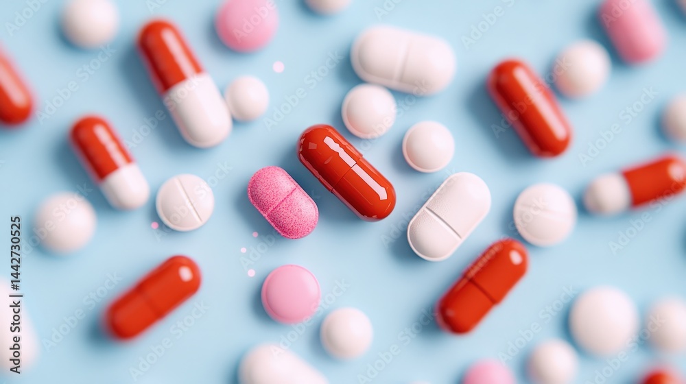 A variety of colorful pills and capsules are scattered on a light blue background, representing medication and healthcare. A variety of colorful pills and capsules are scattered on a light blue background, representing medication and healthcare.