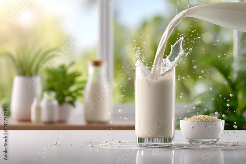 Dairy product, fresh milk pouring into a glass
