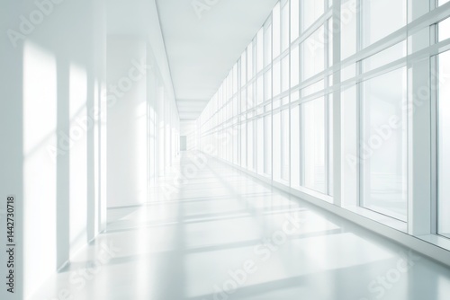 Empty white corridor with large windows