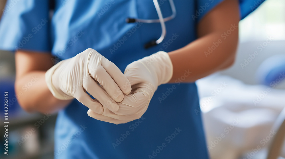 Fototapeta premium In a hospital room, a nurse puts on gloves before starting her duties.