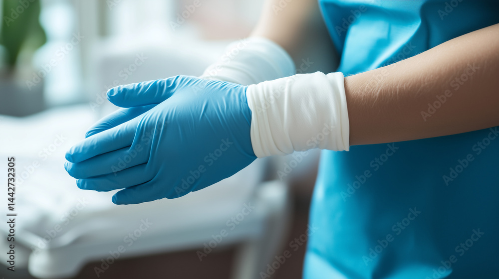 The nurse puts on gloves while standing in a hospital room. The nurse puts on gloves while standing in a hospital room.
