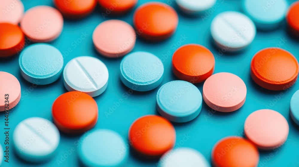 Colorful tablets and pills scattered on a blue surface, suggesting a medical or pharmaceutical theme.