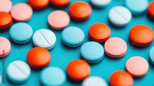 Obraz na płótnie Colorful tablets and pills scattered on a blue surface, suggesting a medical or pharmaceutical theme. w salonie
