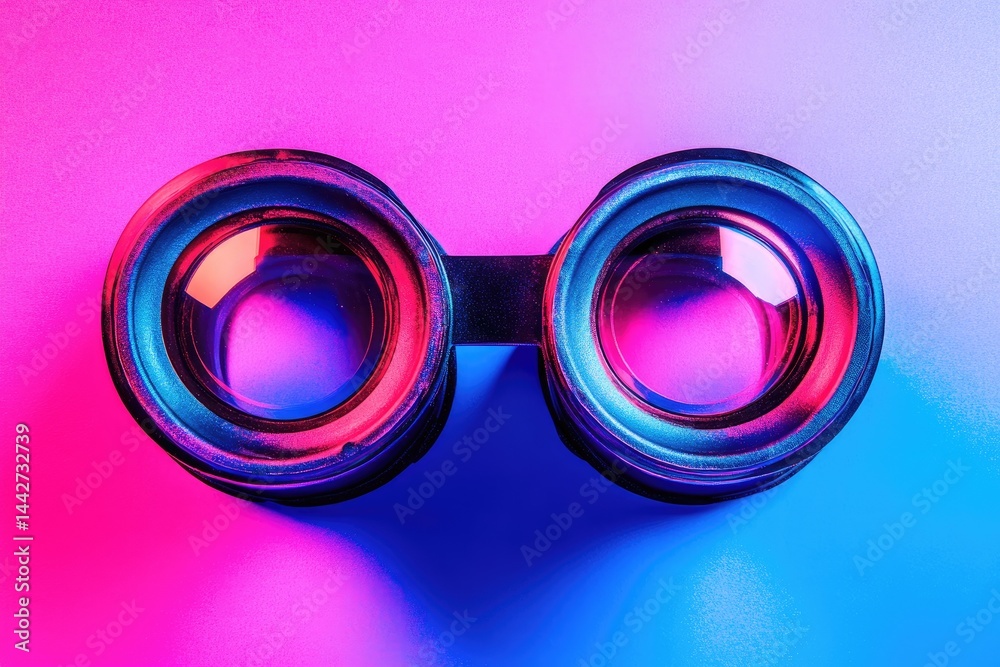 Fototapeta premium Close-up of binoculars, vibrant pink and blue gradient background Lenses are circular, dark colored, with a reflective quality