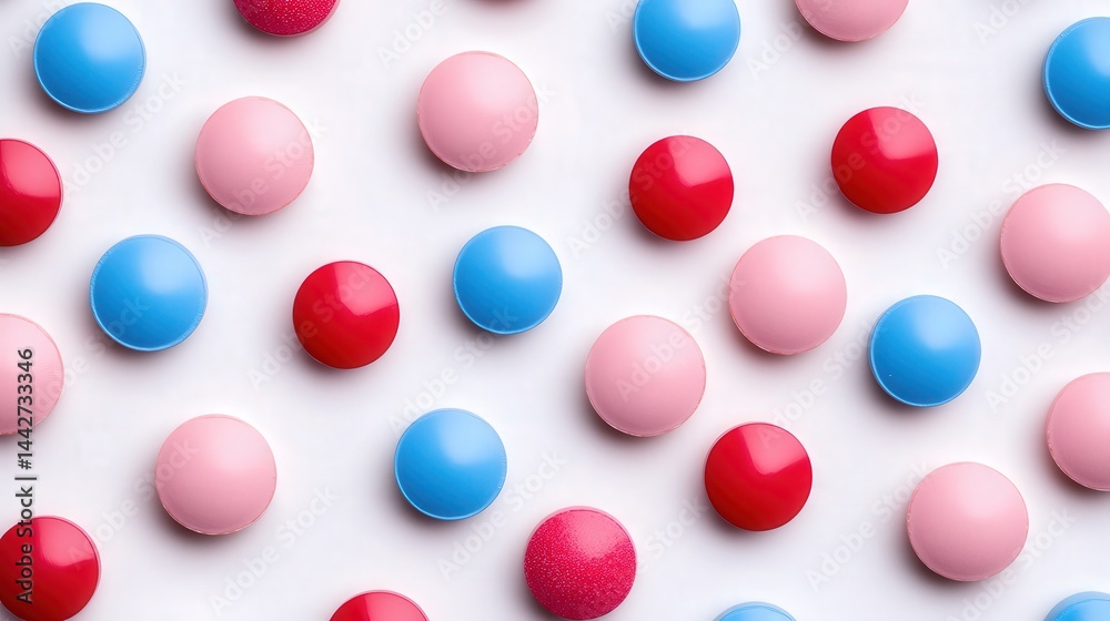 Colorful round candies in pink, red, and blue are arranged in a neat pattern on a white background.