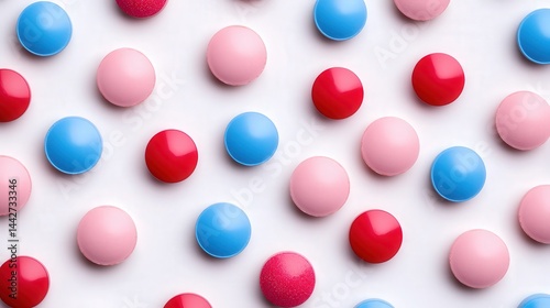 Obraz na płótnie Colorful round candies in pink, red, and blue are arranged in a neat pattern on a white background. w salonie