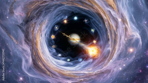 Fantasy space clock with galaxies rotate in place of traditional clock numbers against on background of black hole