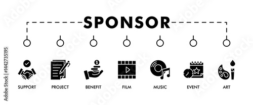 Sponsor banner web icon set vector illustration concept with icon of support, project, benefit, art, event, music, sport and film icons infographics symbol background