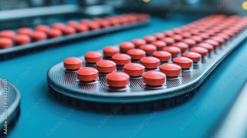 Red pills in blister packs on a conveyor belt in a pharmaceutical manufacturing facility.