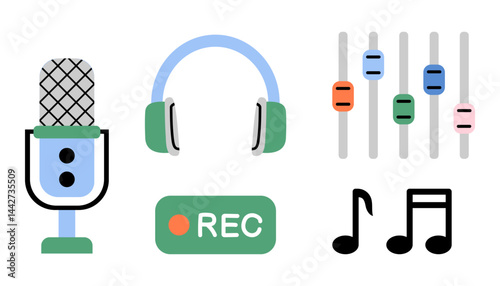 Sound recording set of elements in flat style. Microphone and headphones. Music, podcast recording.