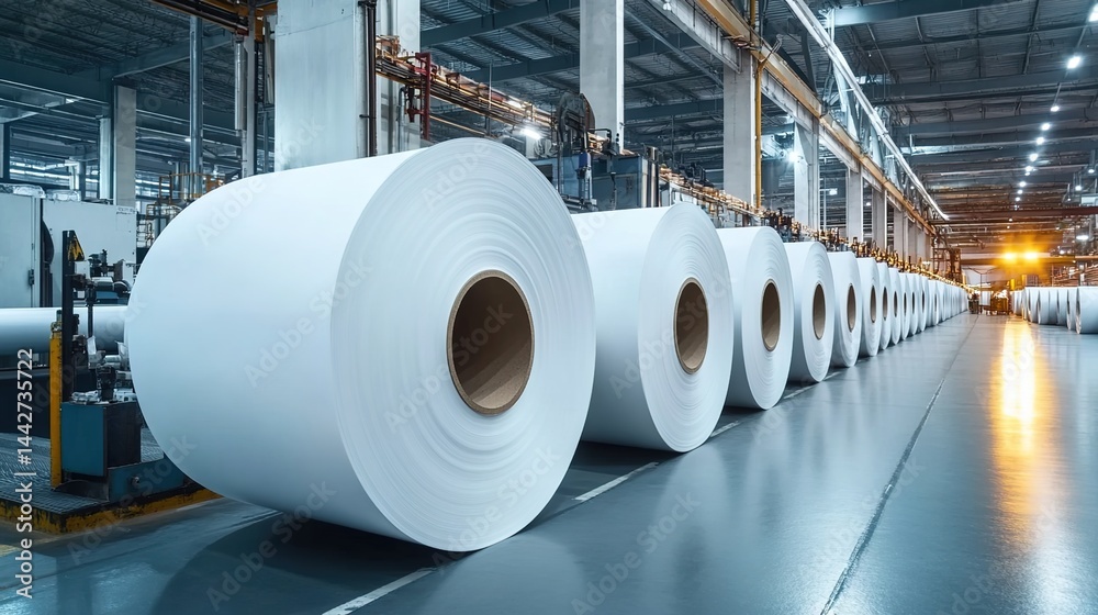 Factory floor with massive white paper rolls, industrial machinery, and overhead lighting. Factory floor with massive white paper rolls, industrial machinery, and overhead lighting.