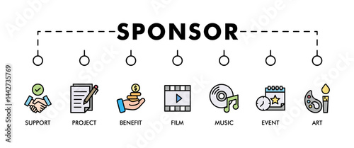 Sponsor banner web icon set vector illustration concept with icon of support, project, benefit, art, event, music, sport and film icons infographics symbol background