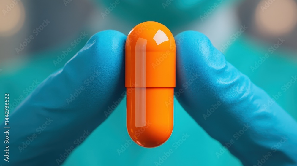 A gloved hand holds an orange capsule pill, suggesting a medical or pharmaceutical context.