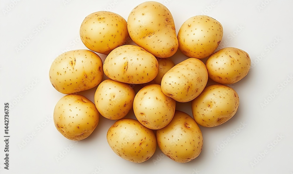 Close-up of light-yellow potatoes with brown spots on light-blue surface. Close-up of light-yellow potatoes with brown spots on light-blue surface.