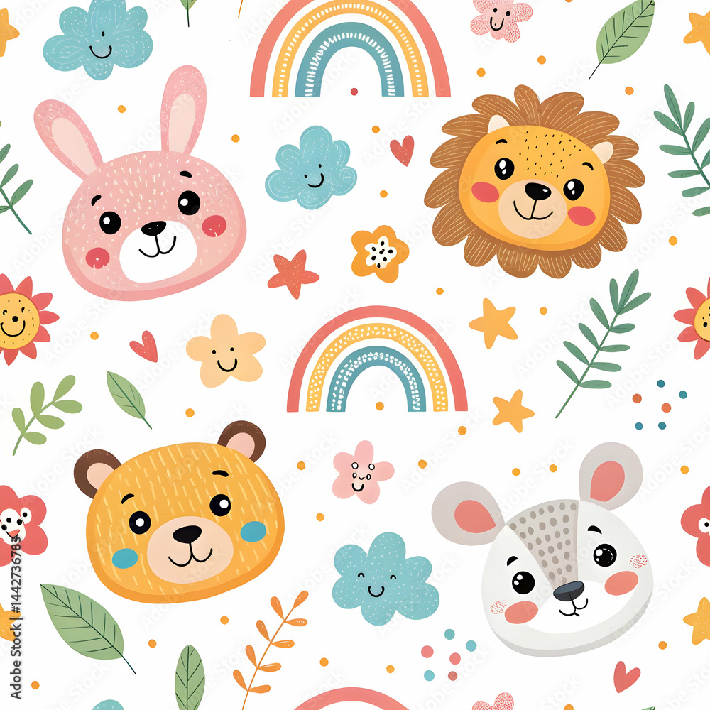 Naklejka premium Cute Animal Seamless Pattern: Rainbow, Bunny, Lion, Bear, Mouse Design