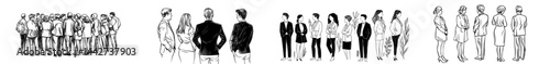 Figures of business professionals from various backgrounds, dressed formally, symbolize collaboration and company culture
