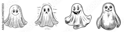 A cute cartoon ghost with large eyes and pink cheeks, depicted in a simple modern style, conveys concern and sadness, ideal for Halloween-themed projects or kids' illustrations