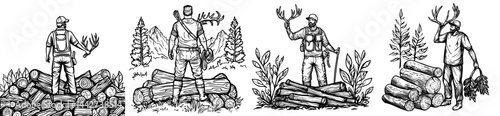 A hunter is depicted standing on logs, holding antlers in a silhouette form