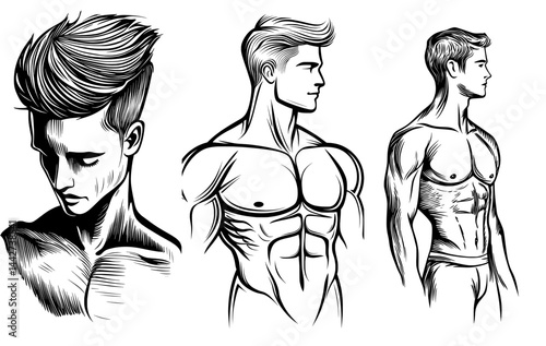 A muscular male figure is outlined against a white backdrop