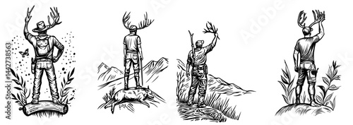 A hunter is depicted standing on a log, holding deer antlers in a silhouette pose