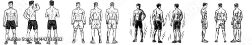 A standing man's silhouette is depicted in various poses against a white backdrop