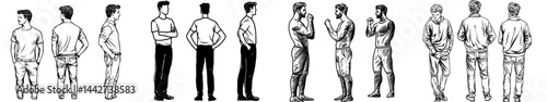 Three male figures are depicted standing in various poses, forming silhouettes