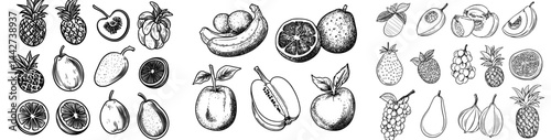 Icons of black fruit silhouettes include apple, cherry, and orange