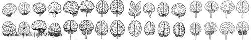Collection of black brain outlines on a white background suitable for medical purposes