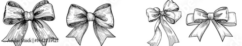Black and white illustration of a decorative bow with ribbon loops’ can be rephrased as ‘An illustration in black and white depicting a decorative bow with loops of ribbon