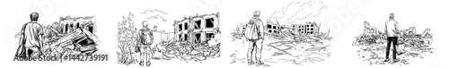 A man's silhouette is seen standing amidst a cityscape in ruins