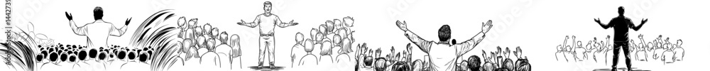 A simple line drawing depicts a speaker addressing a large crowd A simple line drawing depicts a speaker addressing a large crowd