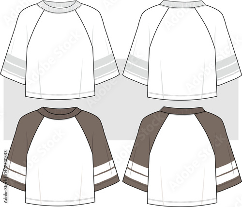 Oversize Raglan Half Sleeve T-Shirt fashion technical drawing, illustration. Front and back view, unisex CAD mockup set.